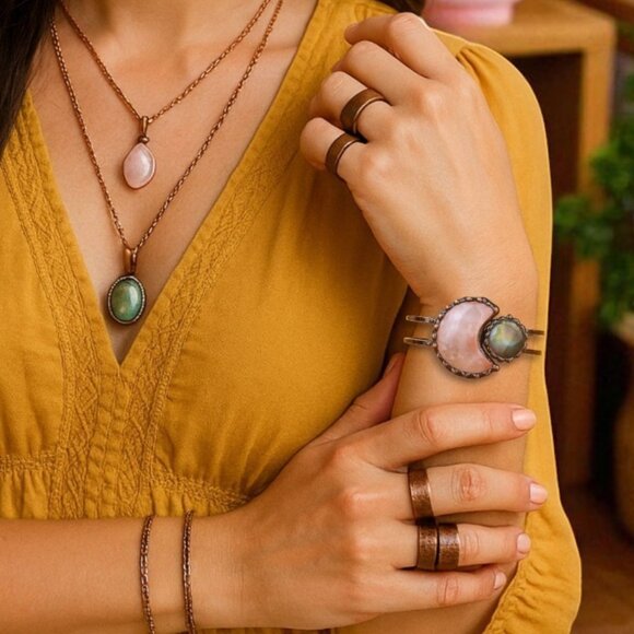 🆕 Pink Rose Quartz & Labradorite Moon Natural Stone Bangle Cuff Bracelet 🌈✨ - Picture 4 of 14